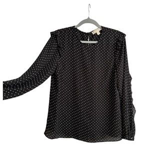 Michael Kors Women's Blouse Medium Ruffle Long Sleeve White Stars Print on Black